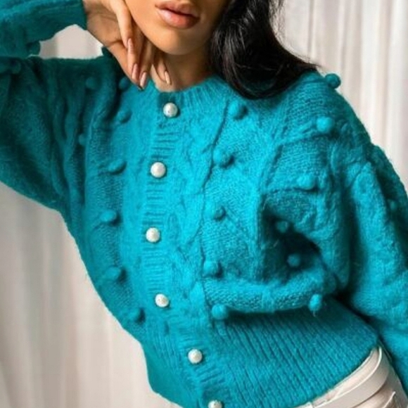 Zara Sweaters Zara Cozy Blue Knit Cardigan With Pearl Buttons